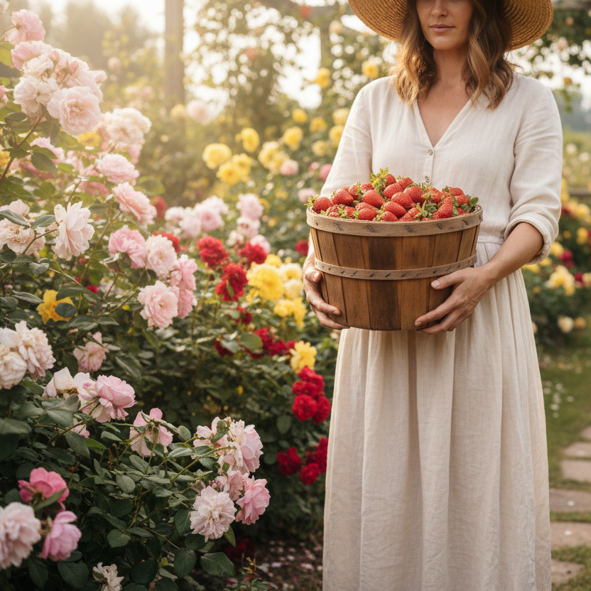 a fresh picked 'seascape' bushel of strawberries being held by a woman in her rose garden