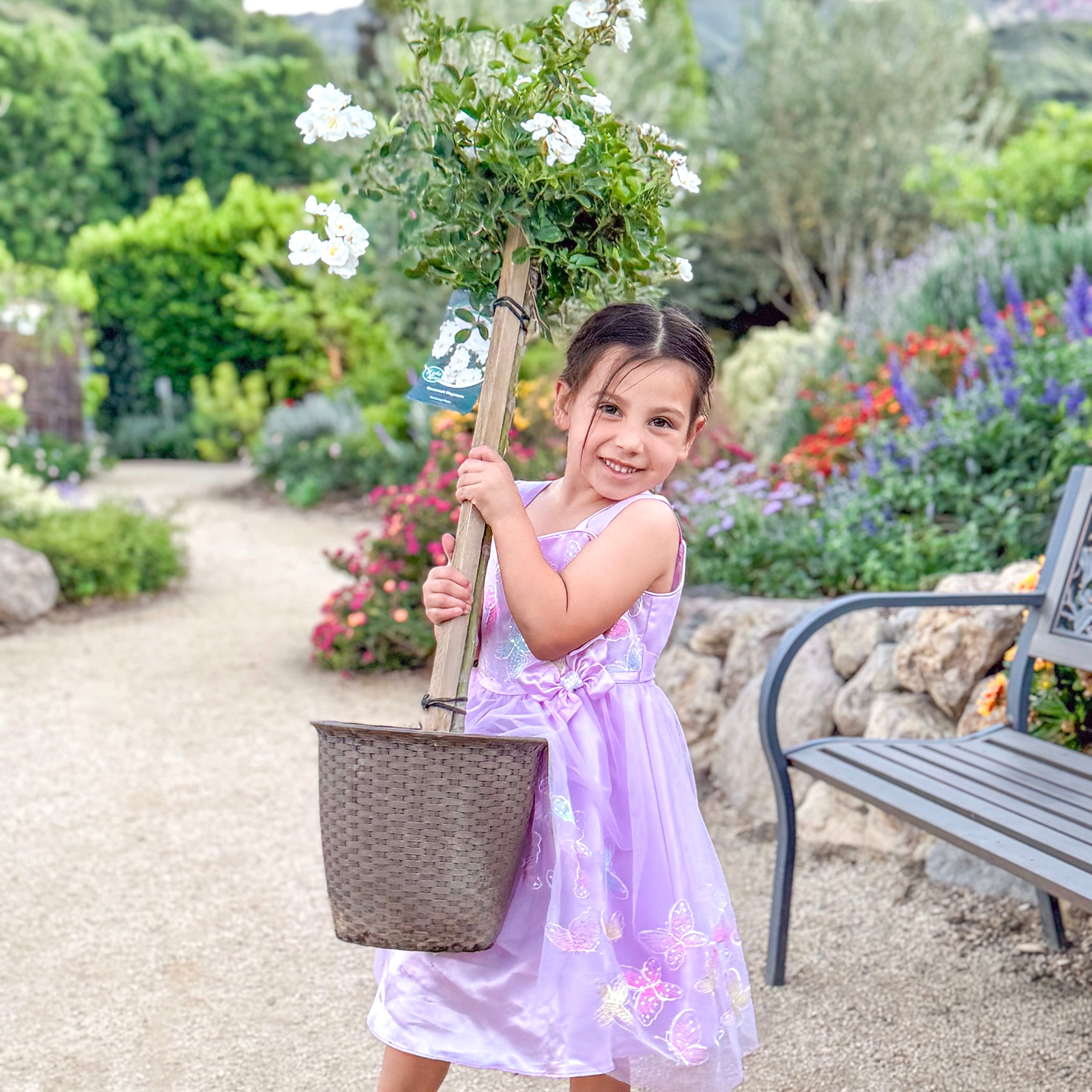 Young girl in a garden holding a potted plant and basket