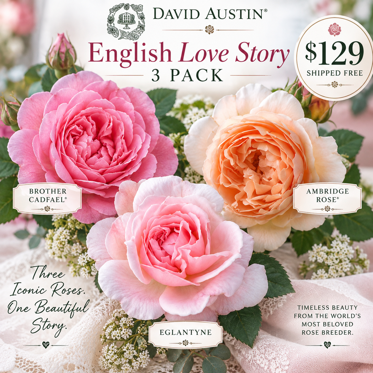 3 Pack David Austin® - English Love Story Collection - Brother Cadfael®, Ambridge Rose® & Eglantyne