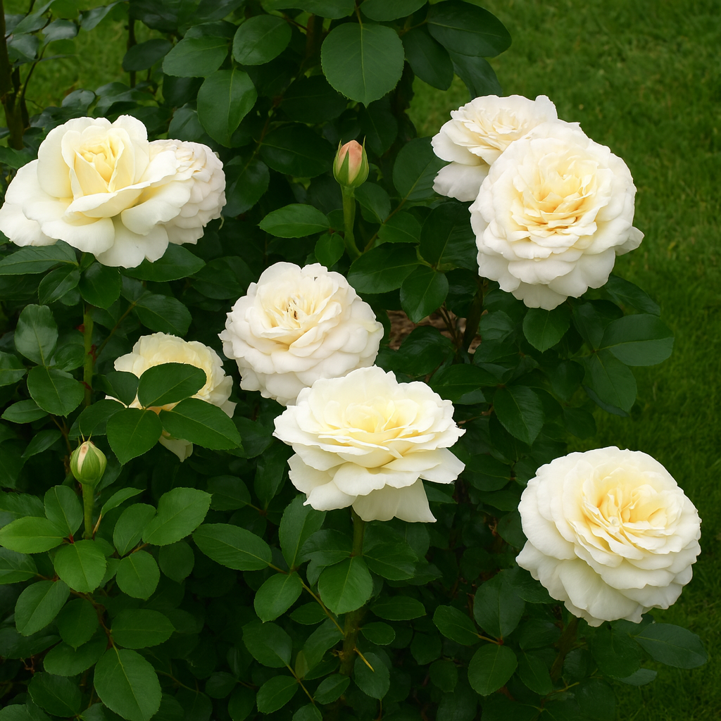 White roses with green leaves on a green background