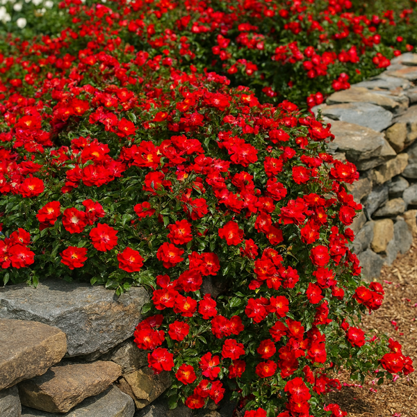 Red flowers growing over a stone wall with greenery in the background